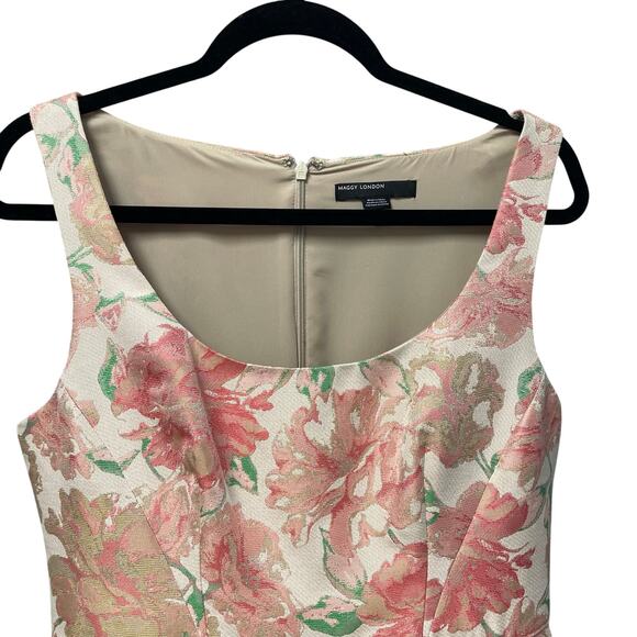 Maggy London Floral Jacquard Fit and Flare Sleeveless Dress Pink Cream Size 12 - Picture 3 of 7